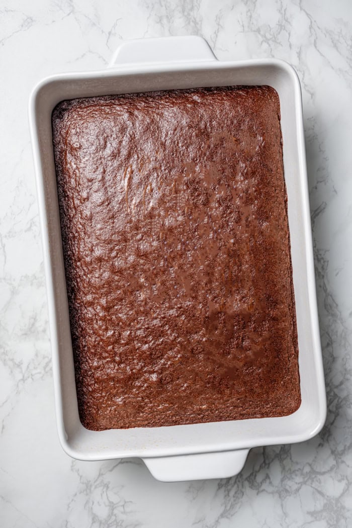 brownies baked in a white 9 x 13 pan