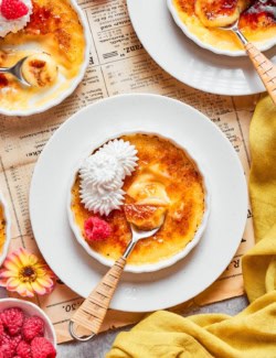 overhead photo of white ramekins with creme brulee