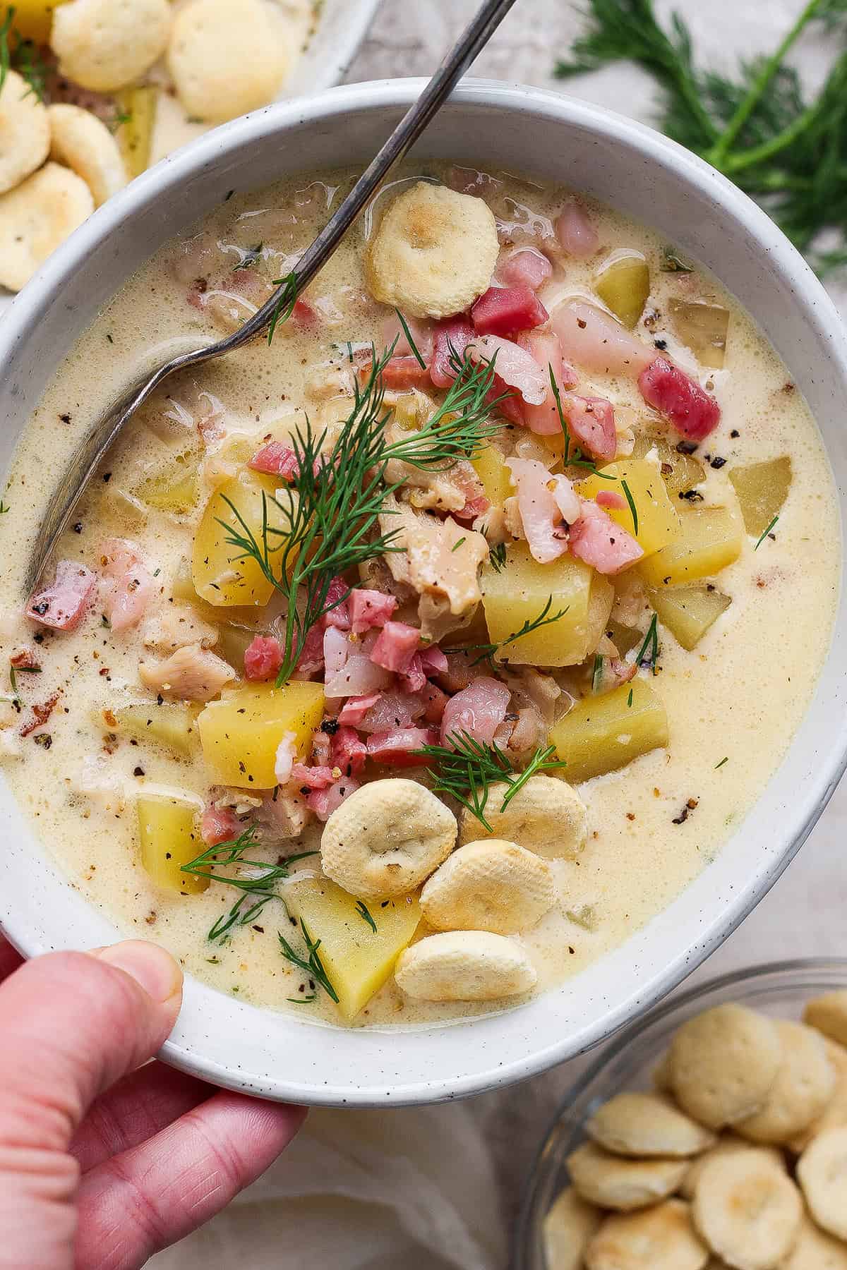 a hand holding a white bowl of clam chowder with pork belly