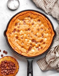 overhead photo of baked chocolate chip skillet cookie