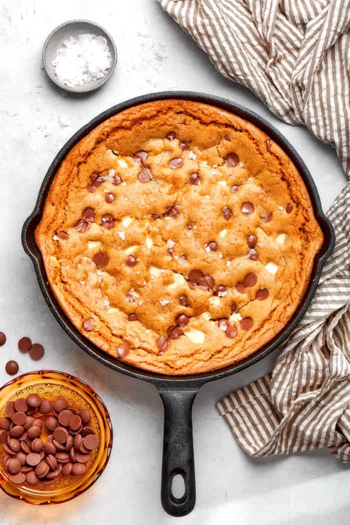 overhead photo of baked chocolate chip skillet cookie