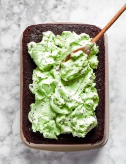 spreading mint chocolate chip buttercream over chocolate cake