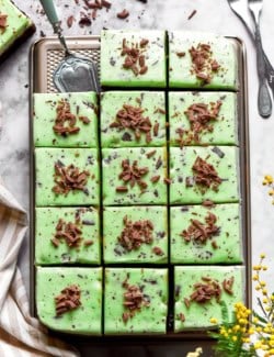 overhead photo of mint chocolate chip buttercream on cake that is cut into square pieces