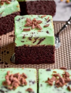 a piece of chocolate cake with mint chocolate chip buttercream frosting