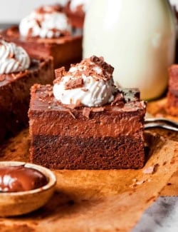 side view of a Nutella cheesecake bar with whipped cream and chocolate shavings on top