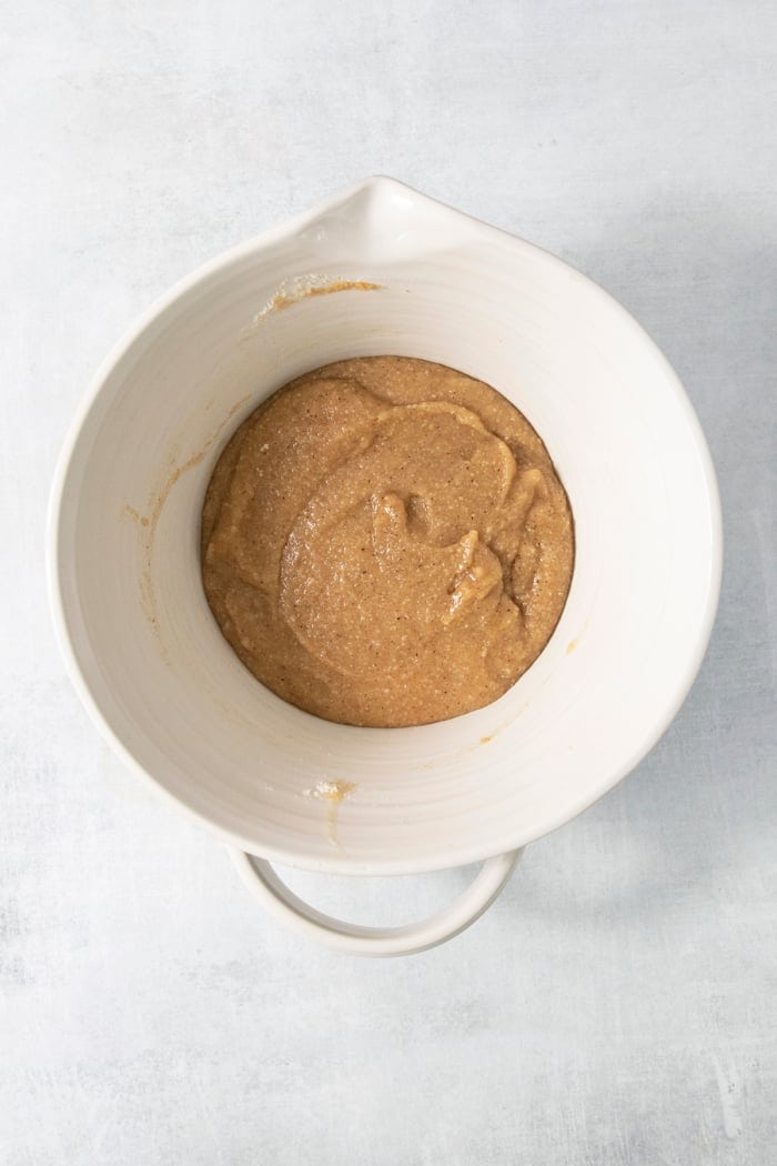 Batter for financiers in mixing bowl.