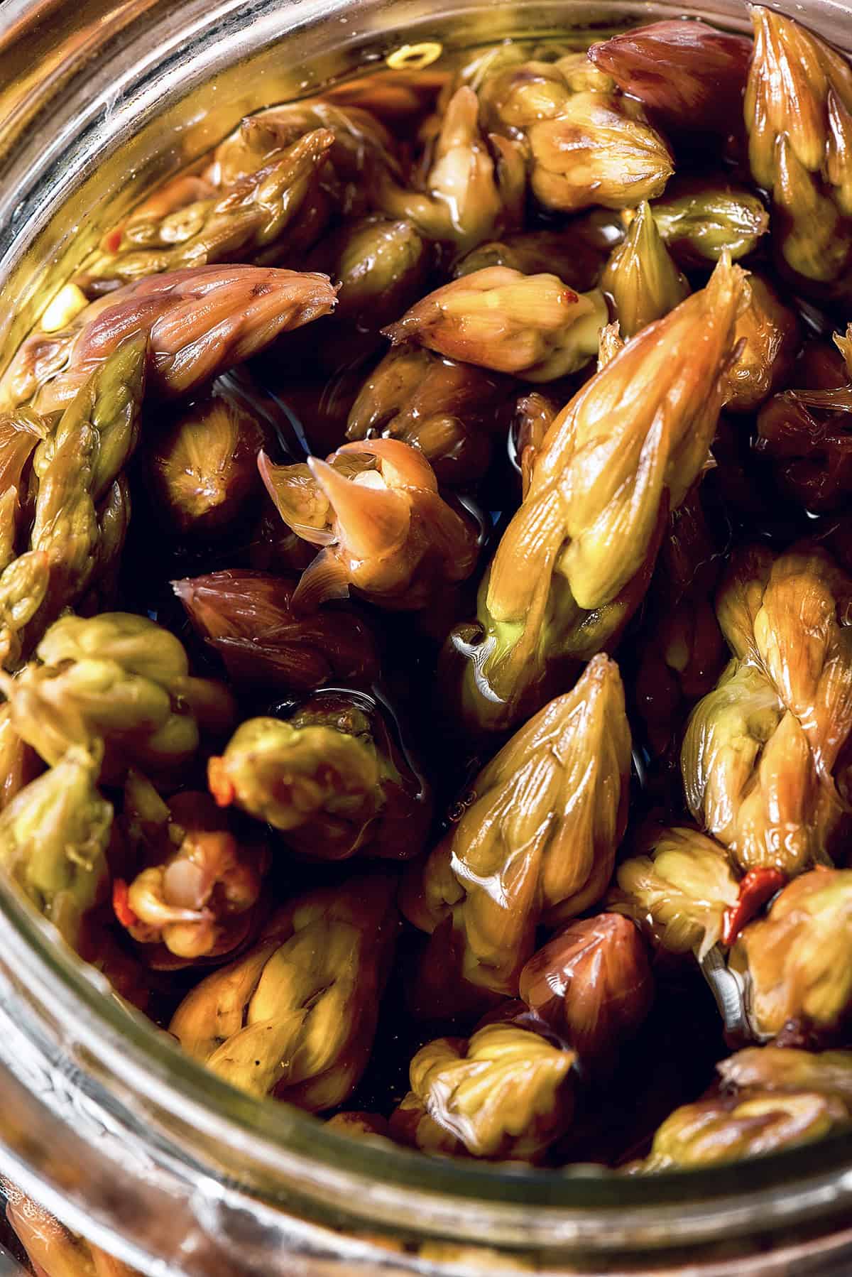 close-up photo looking into a jar of pickled asparagus spears