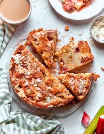 Overhead view of sliced Norwegian rhubarb cake.