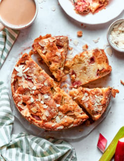 Overhead photo of a Norwegian Rhubarb Cake, sliced