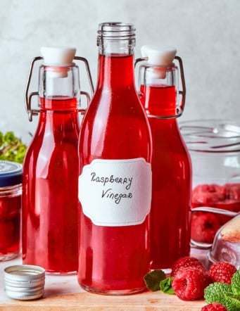 Bottles of homemade raspberry vinegar.