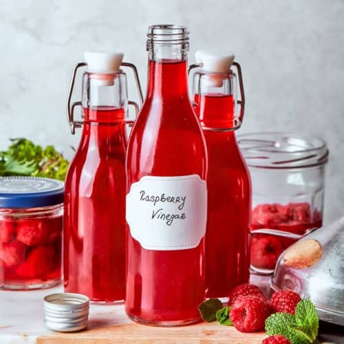 Bottles of homemade raspberry vinegar.