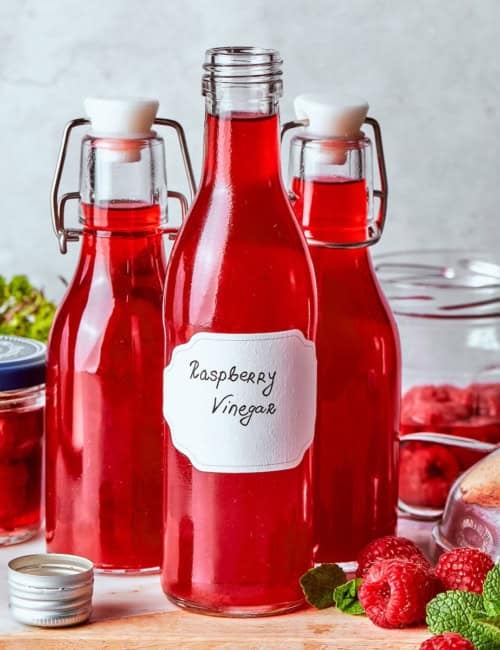 Bottles of homemade raspberry vinegar.
