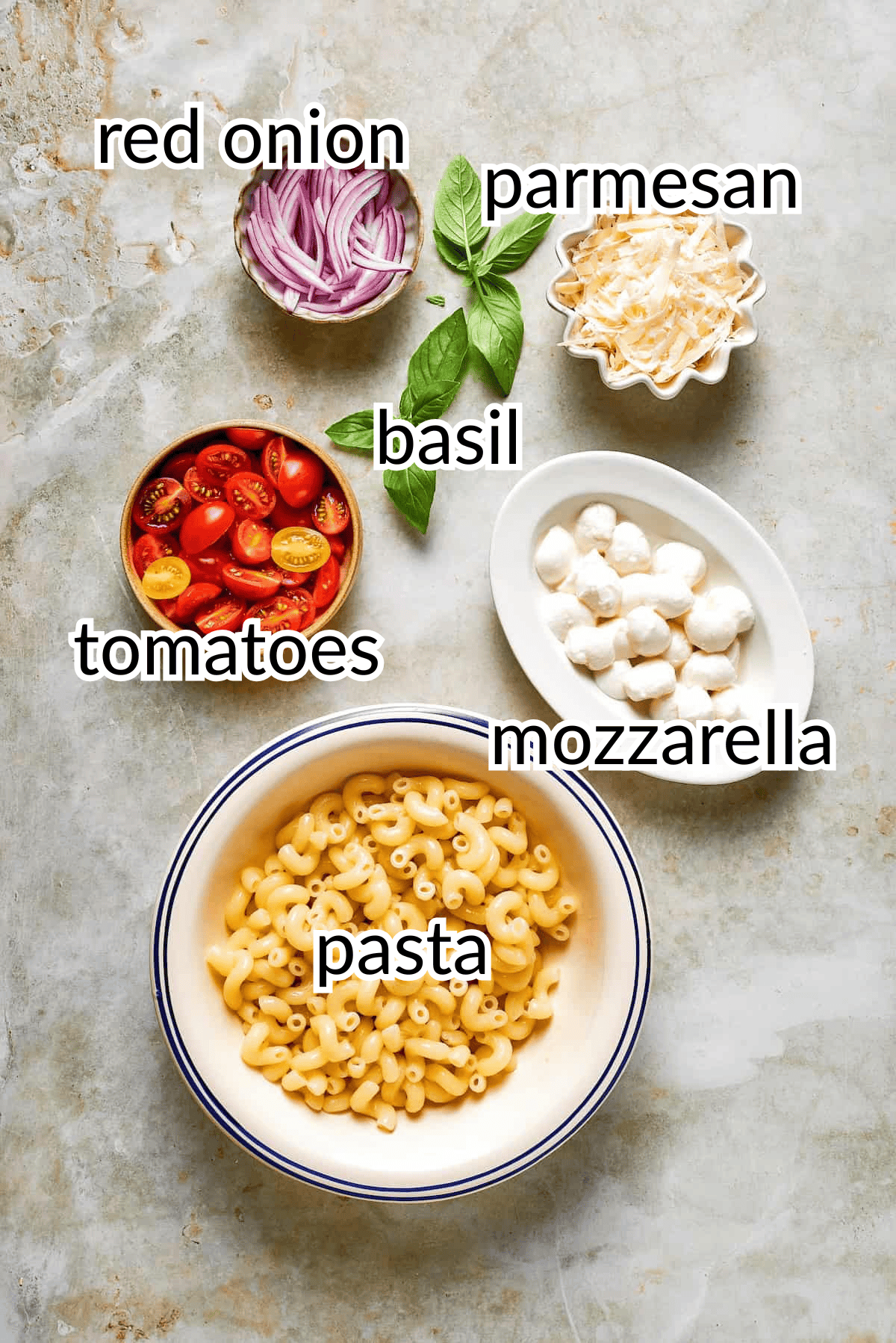 Cavatappi is tossed with juicy tomatoes, creamy mozzarella, basil, Parmesan and a bright balsamic dressing in this fresh caprese pasta salad. ingredients for caprese pasta salad recipe