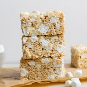 Stack of 3 brown butter rice krispie treats.