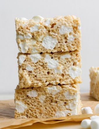 Stack of 3 brown butter rice krispie treats.