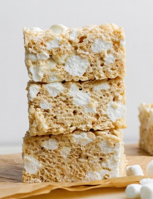 Stack of 3 brown butter rice krispie treats.