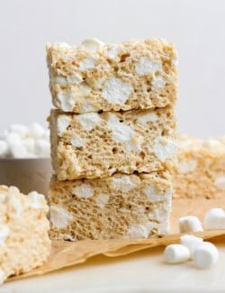 Stack of 3 brown butter rice krispie treats.