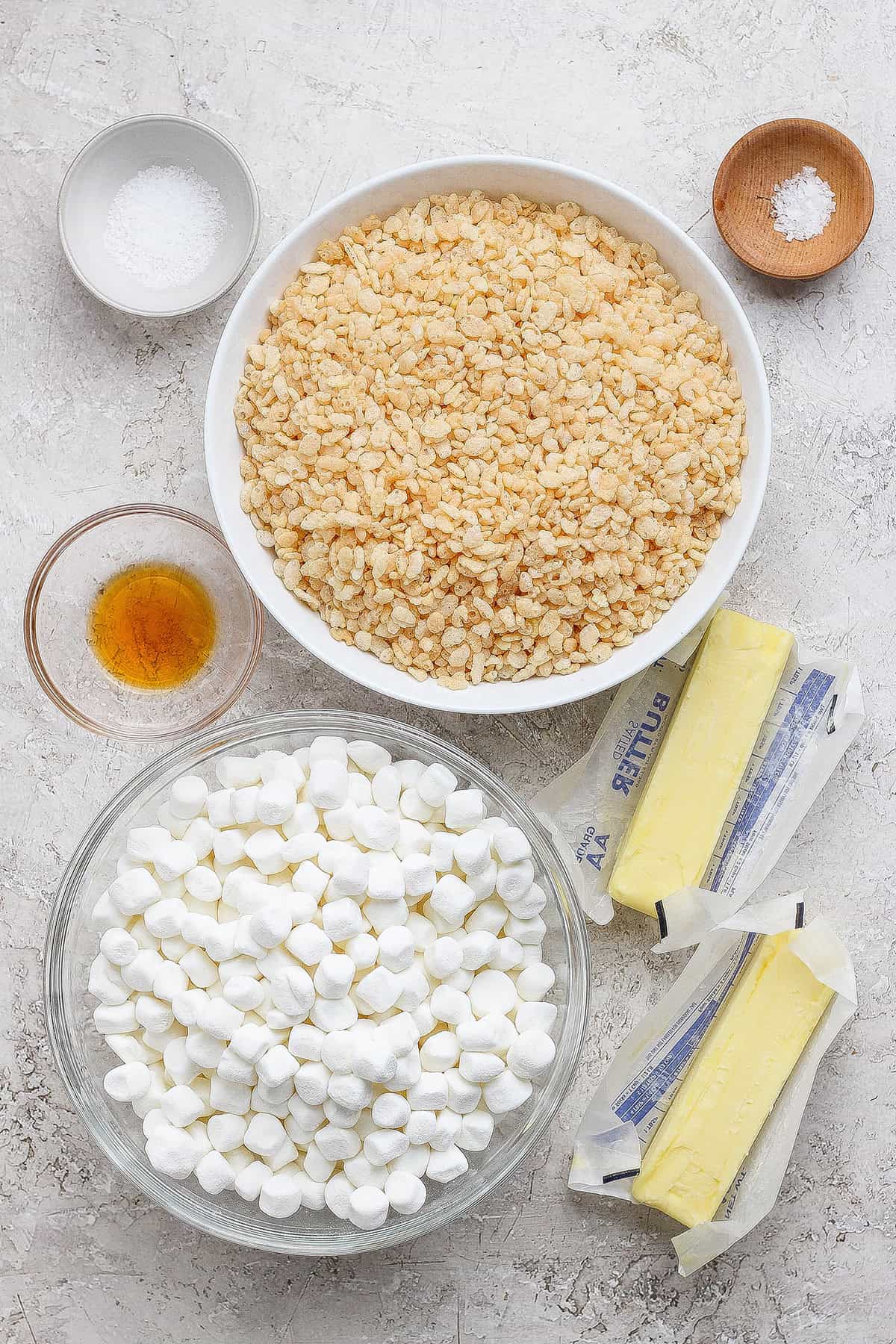 Brown butter Rice Krispie treats are a more indulgent version of the classic, with extra marshmallows, nutty brown butter and flaky sea salt! Ingredients for brown butter rice krispie treats.