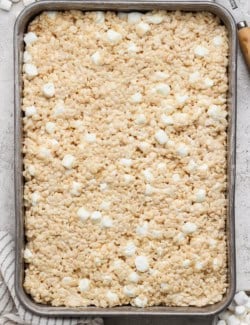 Pan of brown butter rice krispie treats.