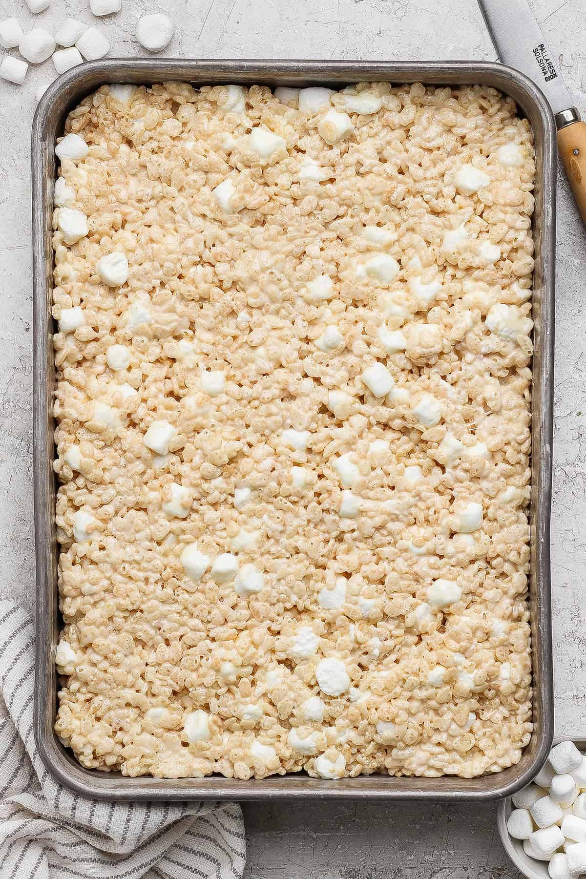 Pan of brown butter rice krispie treats.