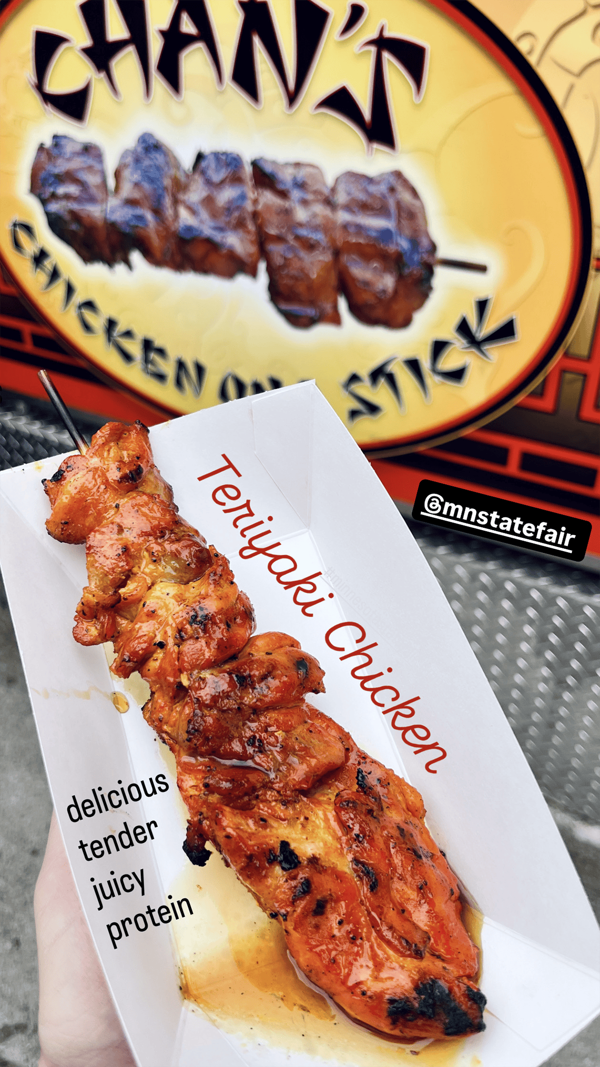 a large skewer of grilled chicken at Minnesota State Fair