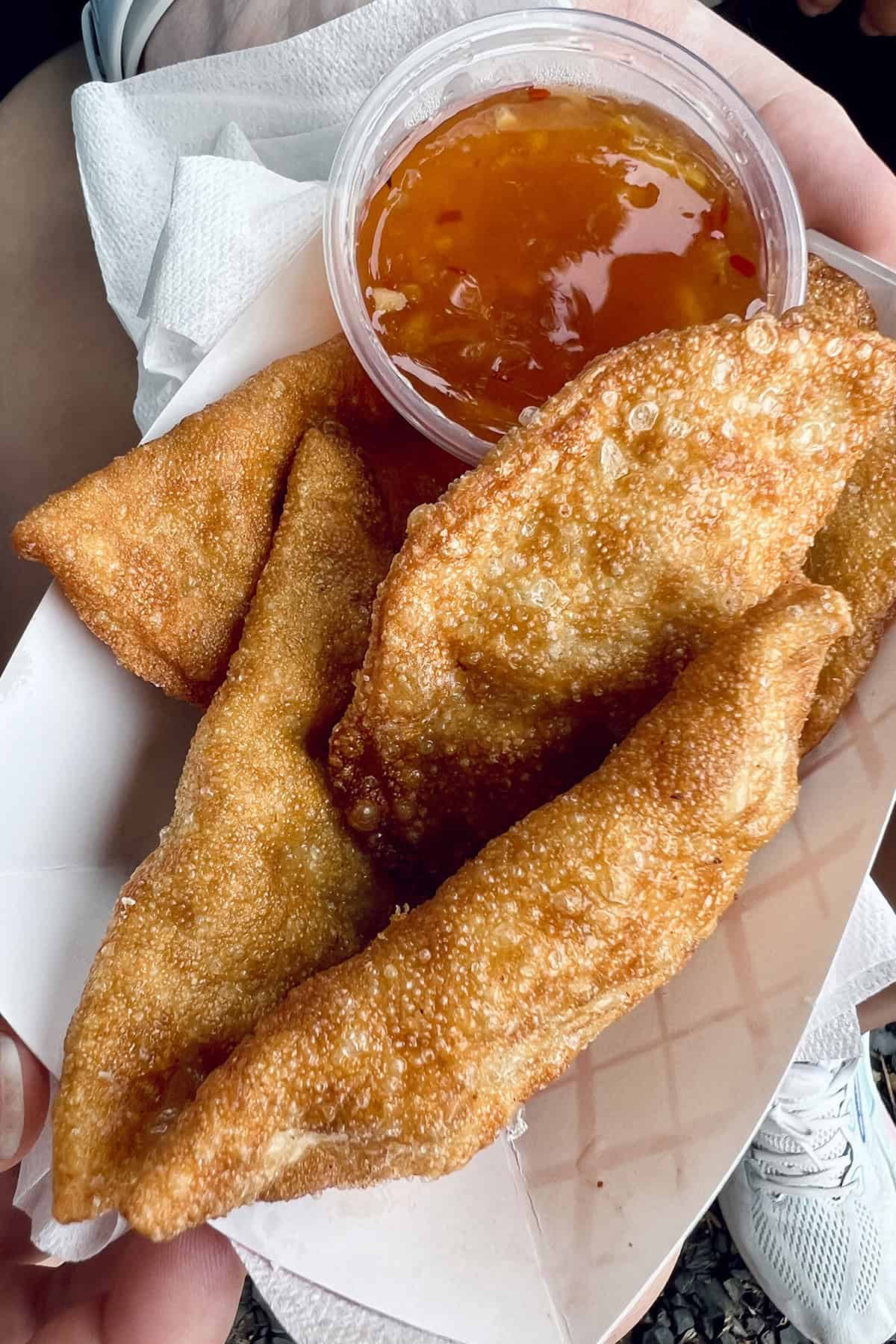 duck bacon wontons with dipping sauce at Minnesota State Fair