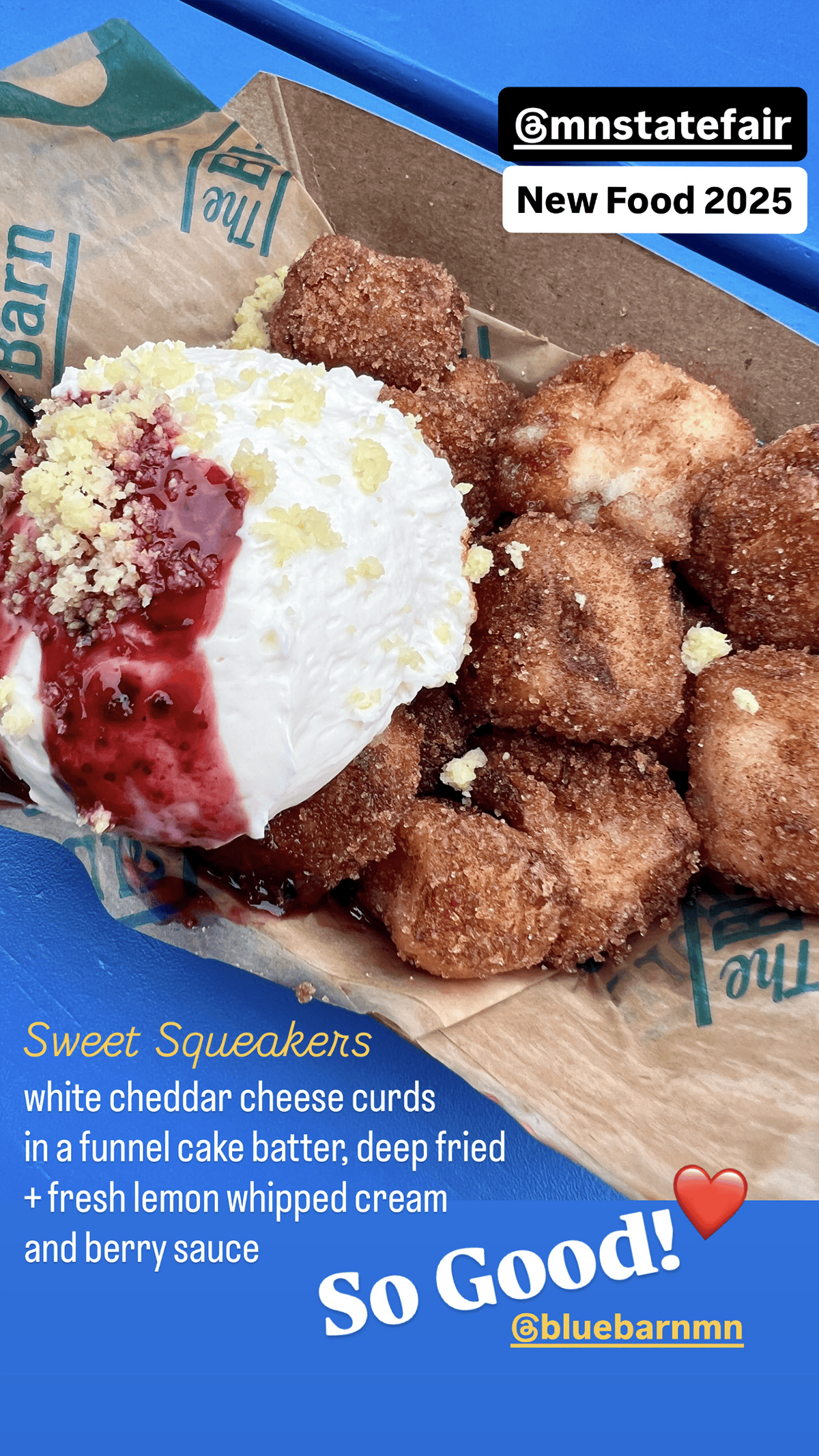 Sweet Squeakers sweet cheese curds with lemon whipped cream and berry sauce at Minnesota State Fair