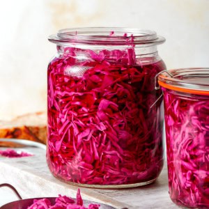 two jars of pickled red cabbage