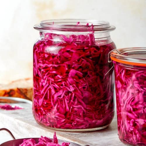 two jars of pickled red cabbage