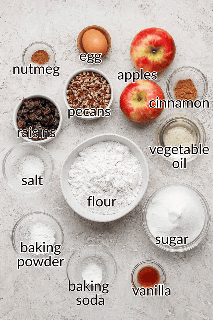 ingredients to make apple bread, with labels on all ingredients