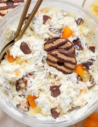 overhead photo of cookie salad in a large clear bowl