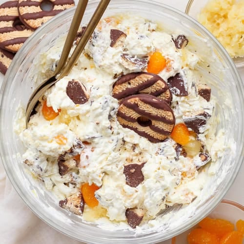 overhead photo of cookie salad in a large clear bowl