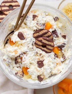 overhead photo of cookie salad in a large clear bowl