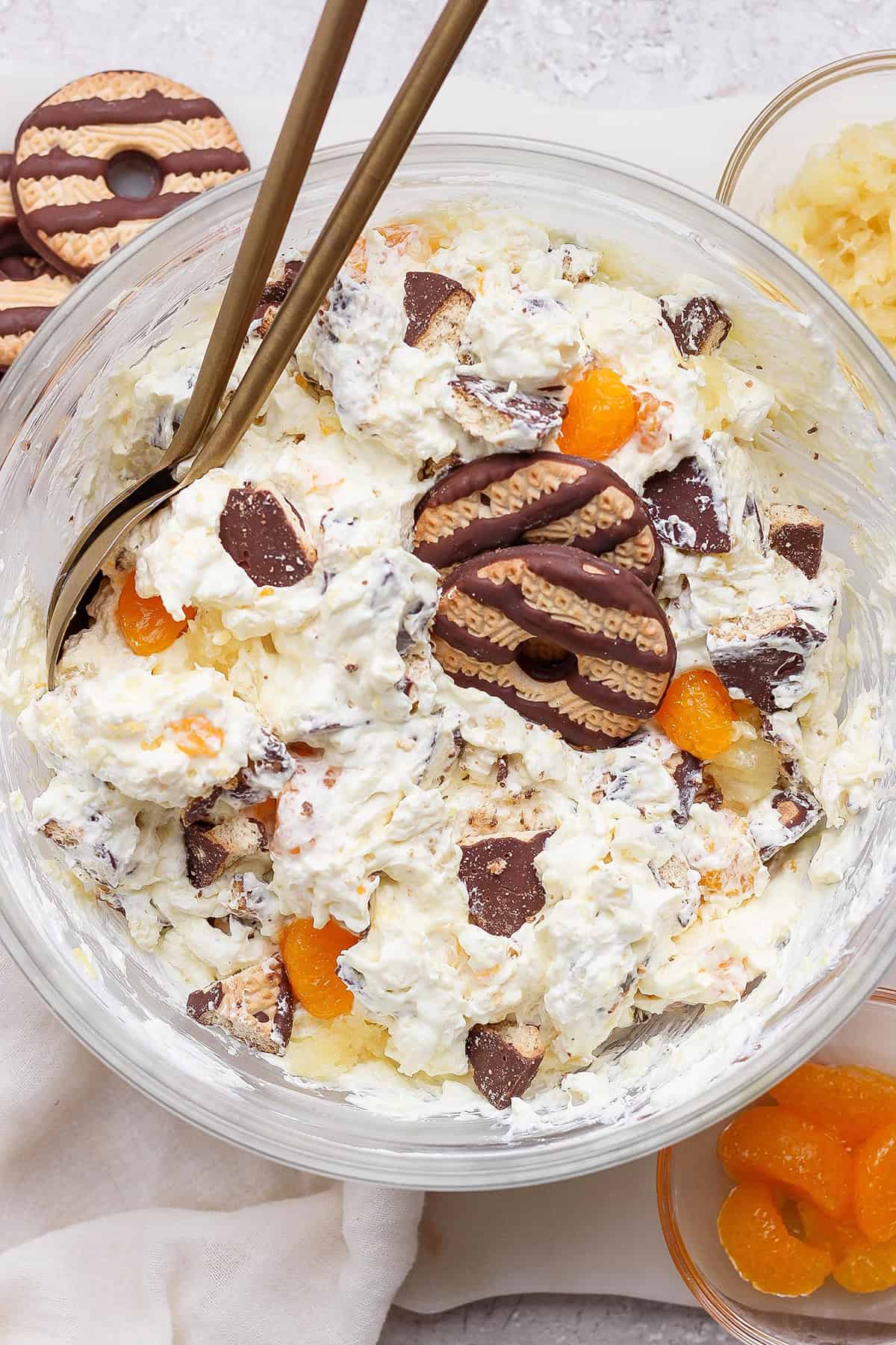 overhead photo of cookie salad in a large clear bowl