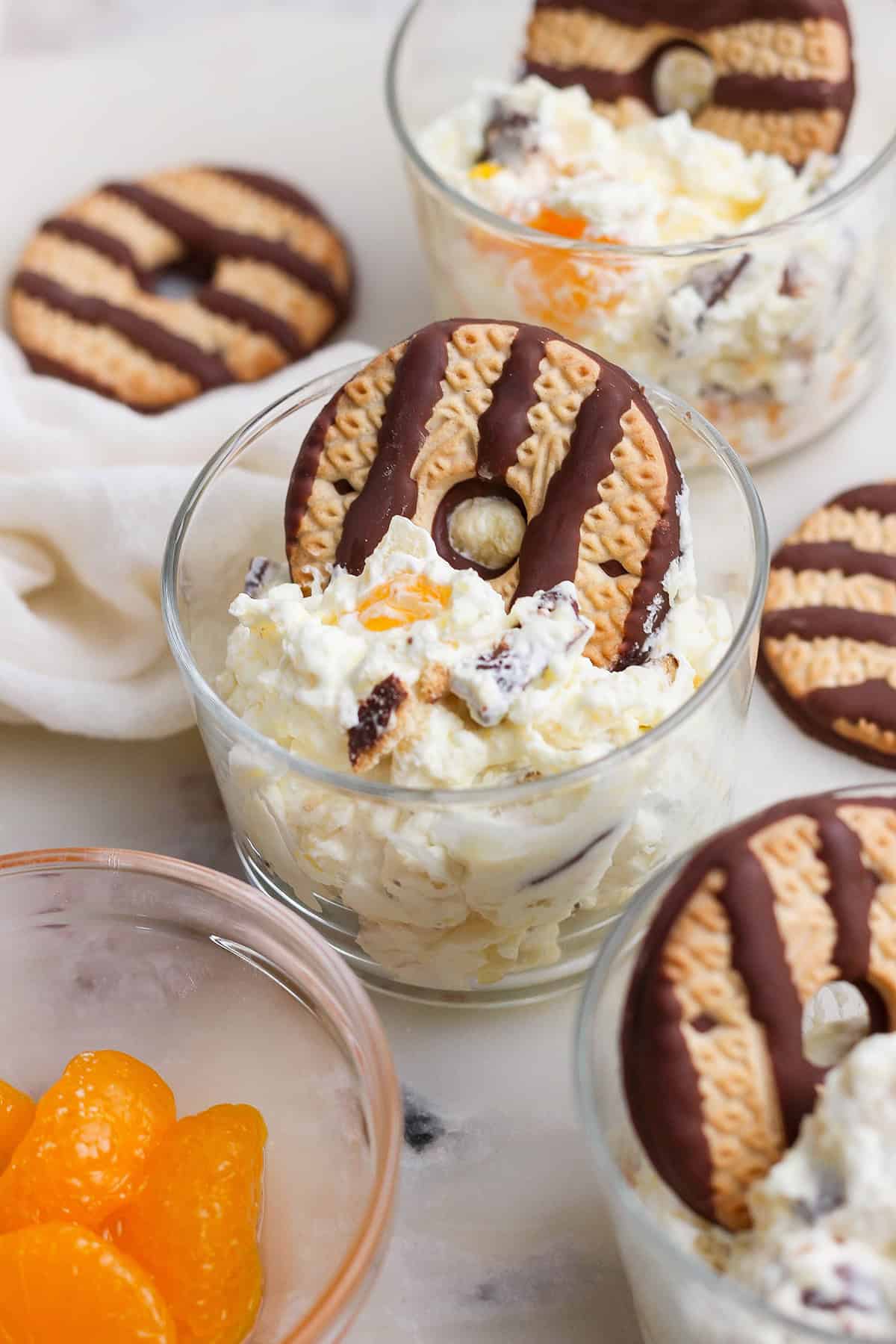 cookie salad in small clear cups