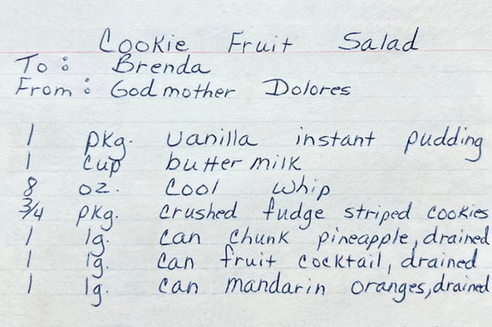 handwritten recipe card for Cookie Fruit Salad